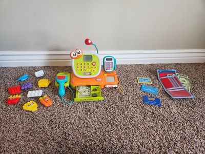 Pretend & Play Cash Register Toy w/ Food, Wallet, Cash & Credit Cards