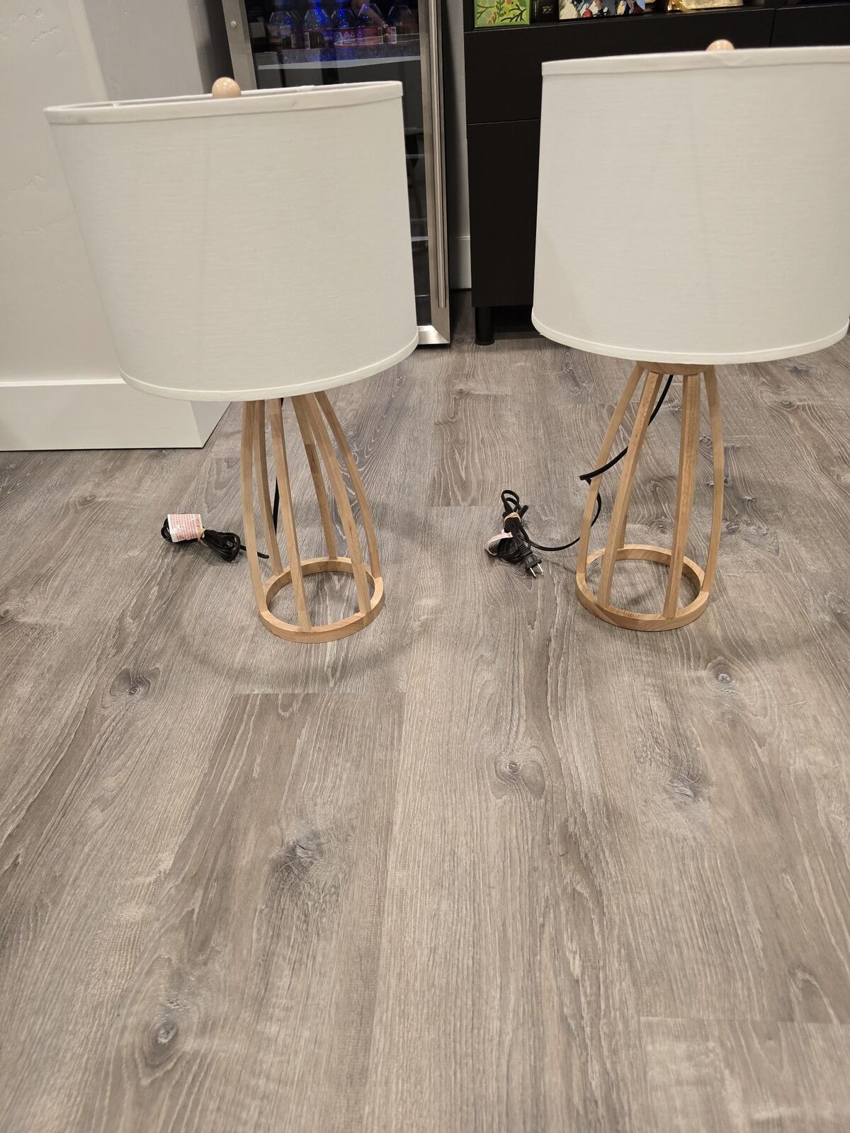 2 Lamps Wood Base & Fabric Shades