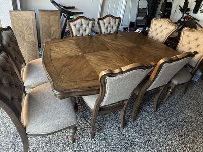 Wood Dining Table Set W/8 Upholstered Chairs