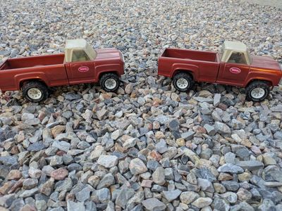 Vintage Tonka Red Pickup Truck Set - Two 1960s/70s Era Metal Toy Trucks. Rare Collection.