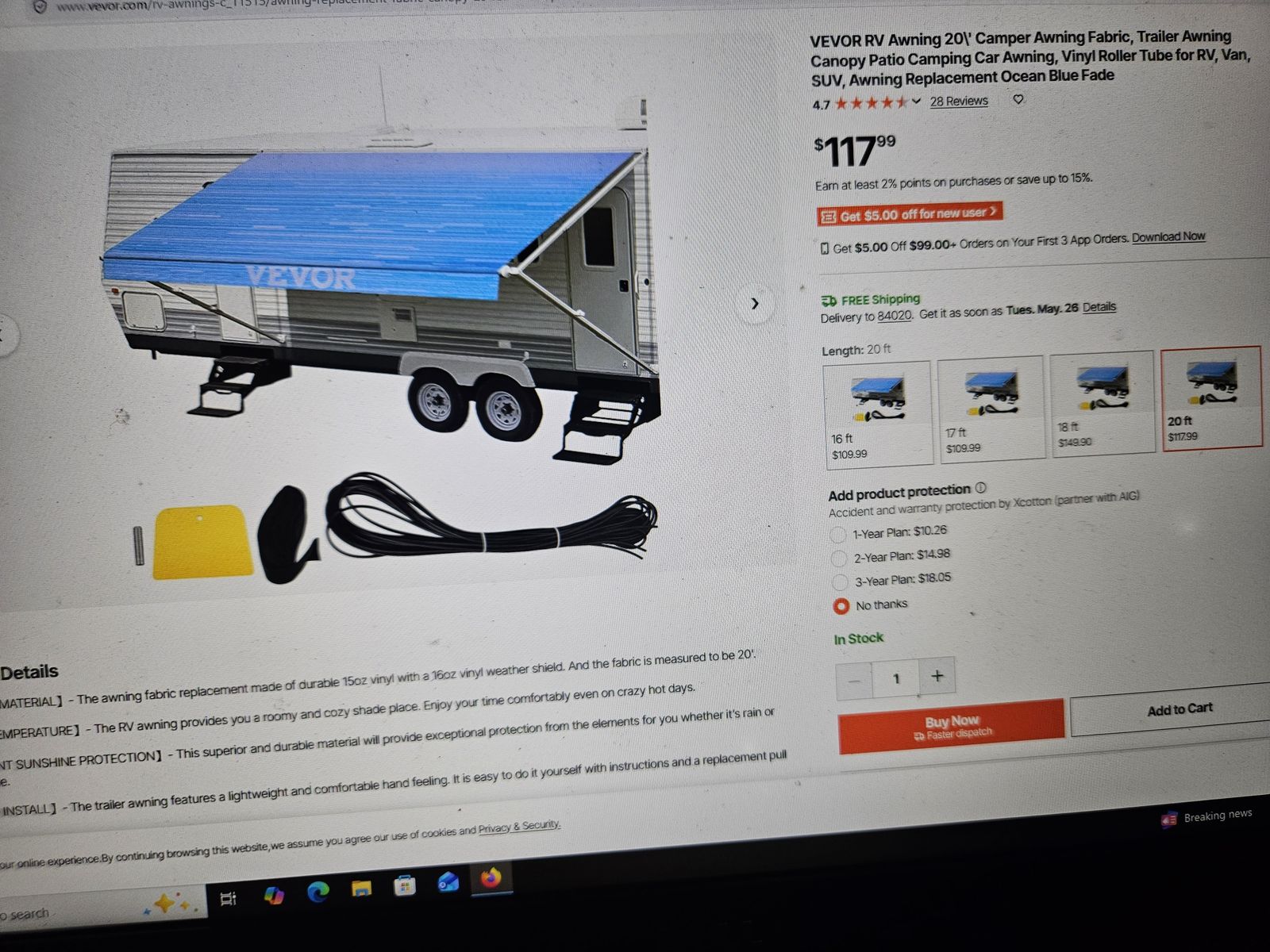 RV Awning 20\' Camper Awning Fabric, Trailer Awning Canopy Patio Camping