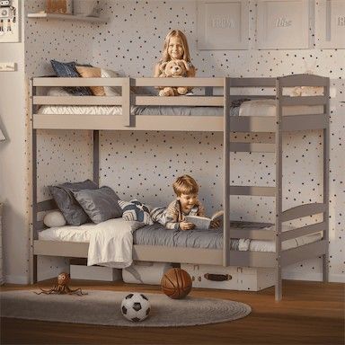 Solid Wood Classic Twin Bunk Bed with Headboard & Ladder, Dusty Grey