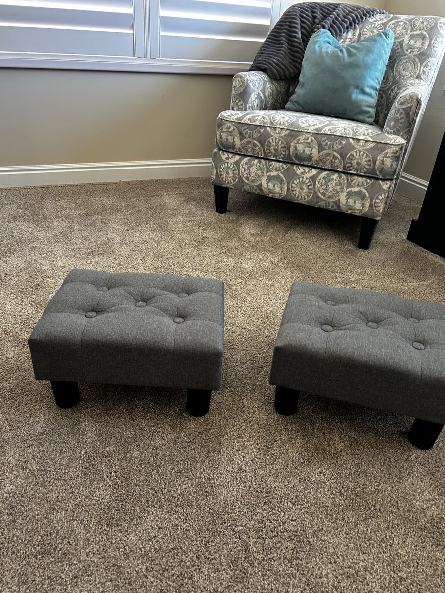 Poofzy Small Gray Linen Ottoman Footstools (Set of 2) with Tufted Top, Rectangle Foot Rests