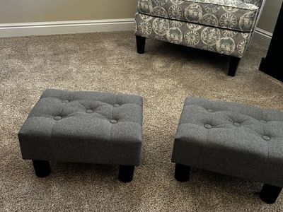 Poofzy Small Gray Linen Ottoman Footstools (Set of 2) with Tufted Top, Rectangle Foot Rests