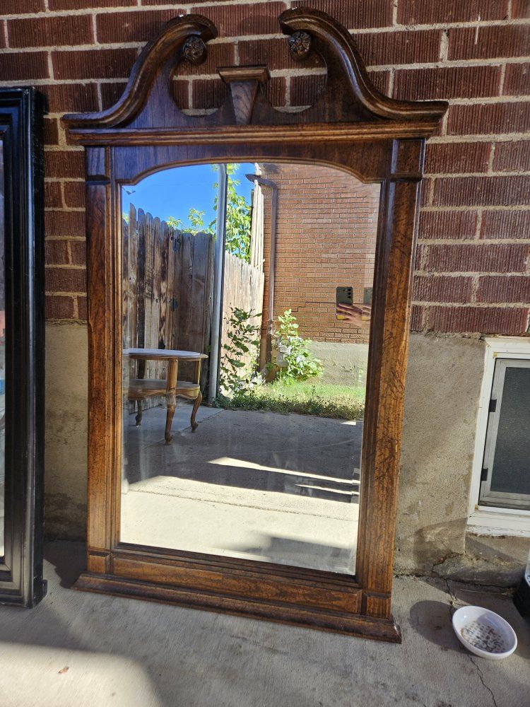 Vintage Wood Pediment Mirror and Modern Black Framed Mirror