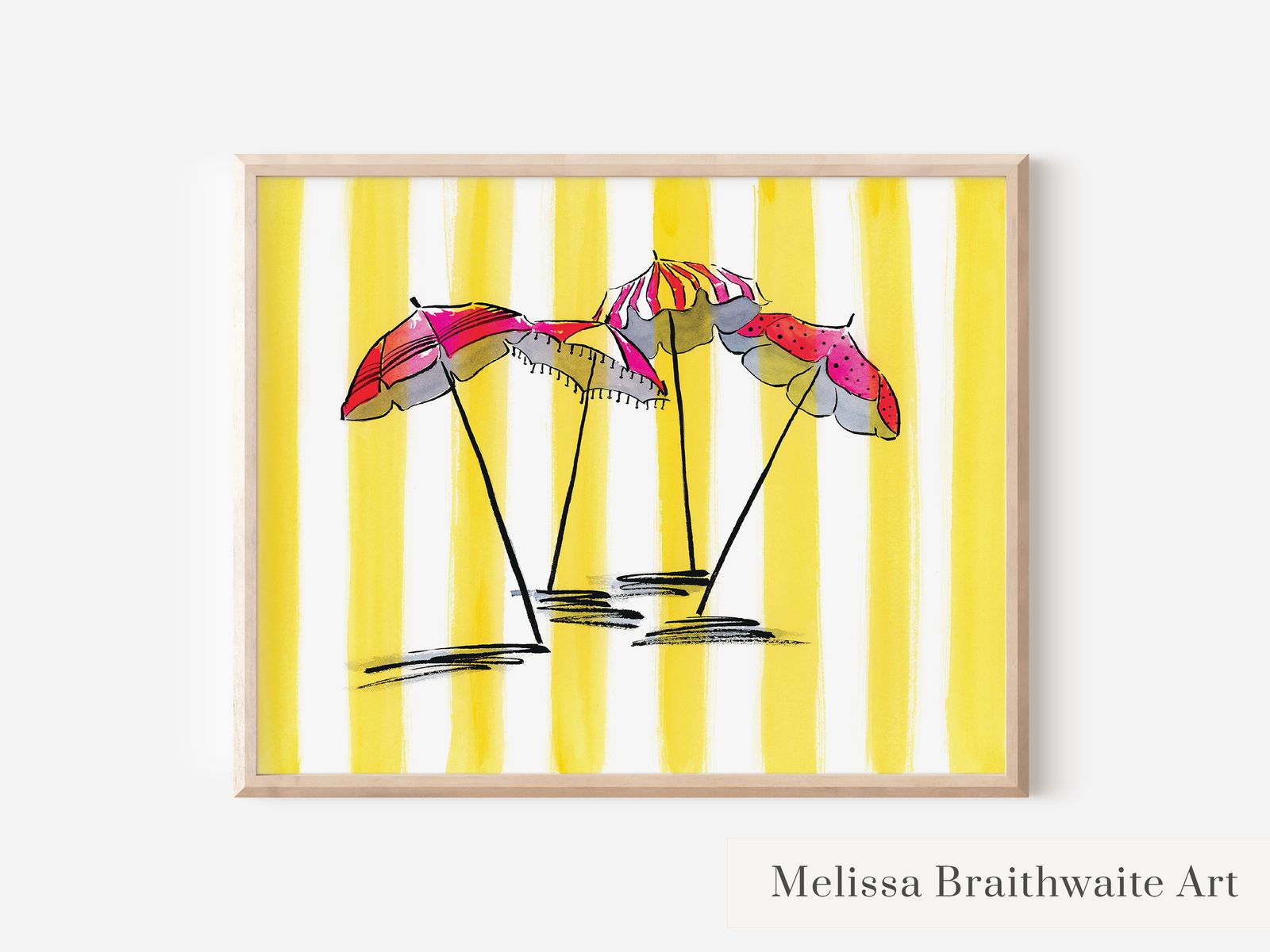 Pink and Yellow Beach Umbrellas Print: Summery Coastal Wall Art