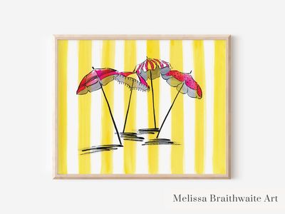 Pink and Yellow Beach Umbrellas Print: Summery Coastal Wall Art