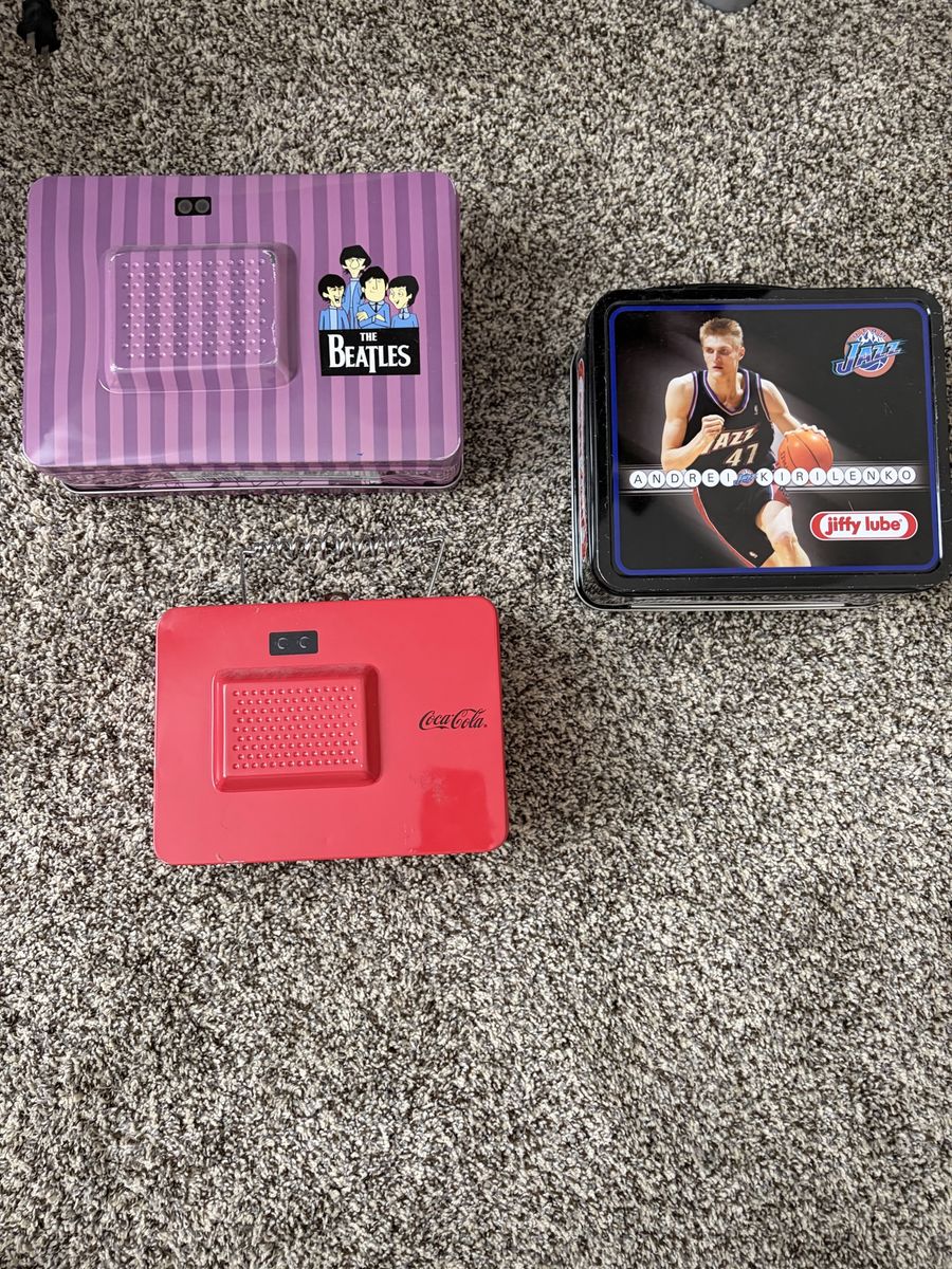Lot of 3 Vintage Collectible Metal Lunch Boxes - The Beatles, Coca-Cola & Andrei Kirilenko Utah Jazz