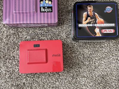 Lot of 3 Vintage Collectible Metal Lunch Boxes - The Beatles, Coca-Cola & Andrei Kirilenko Utah Jazz