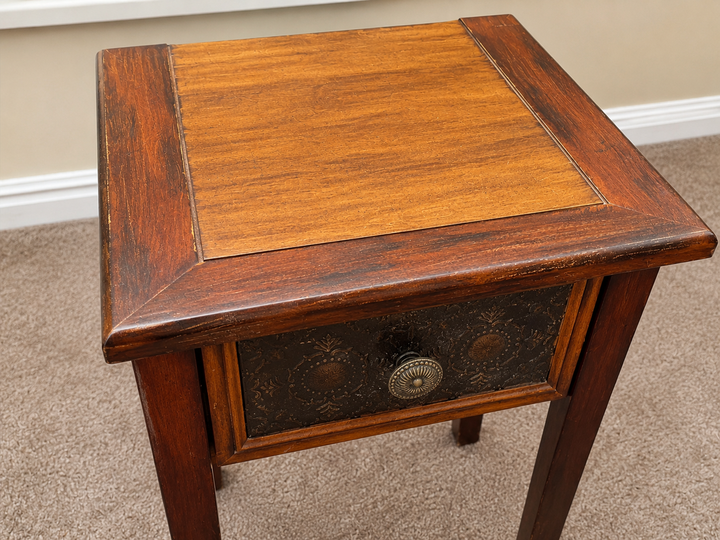 Solid Wood End Table with Decorative Metal Drawer Accent – Rustic Farmhouse Side Table