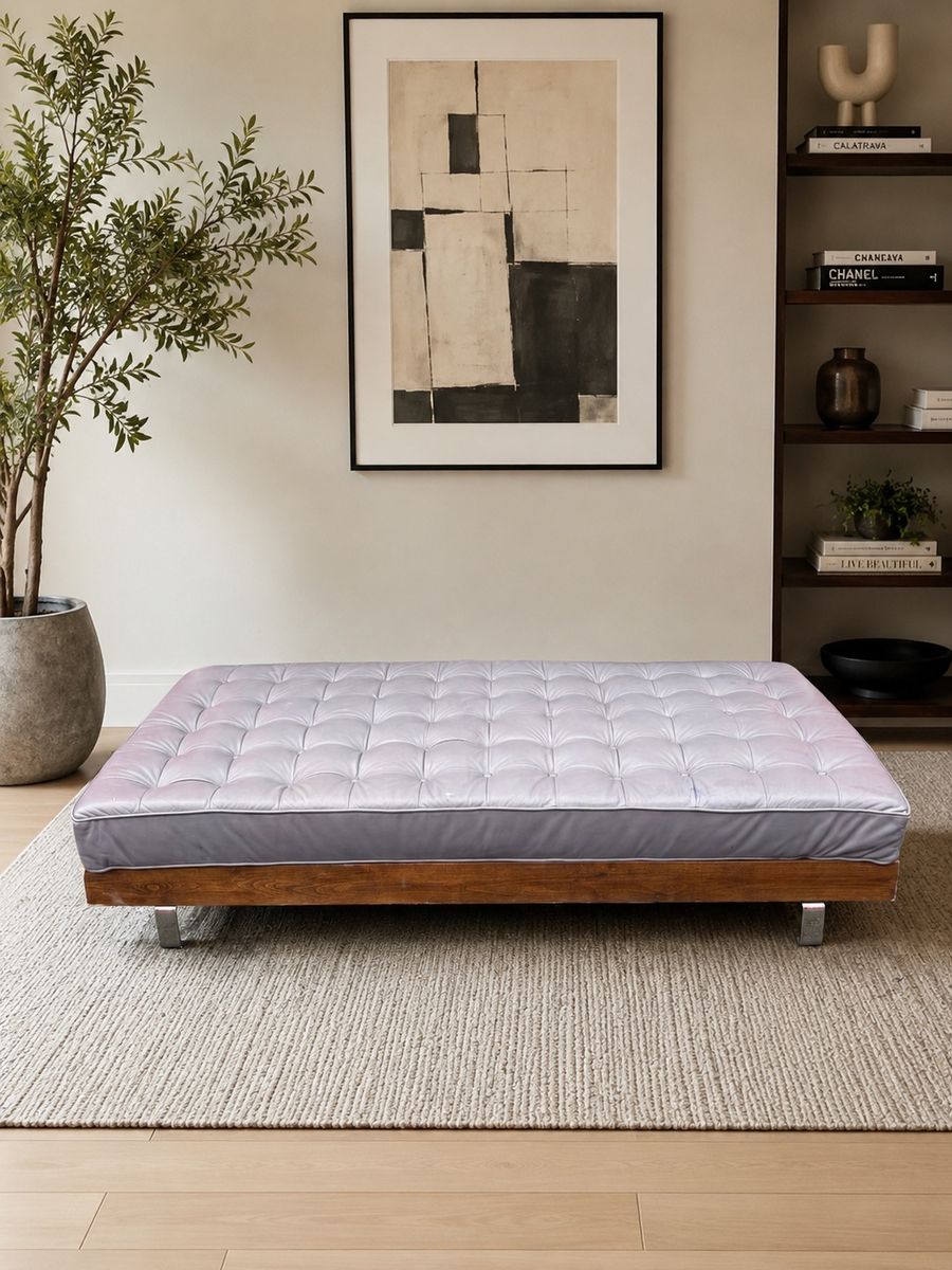 Mid Century Modern Tufted Gray Leather Daybed / Bench – Walnut & Chrome