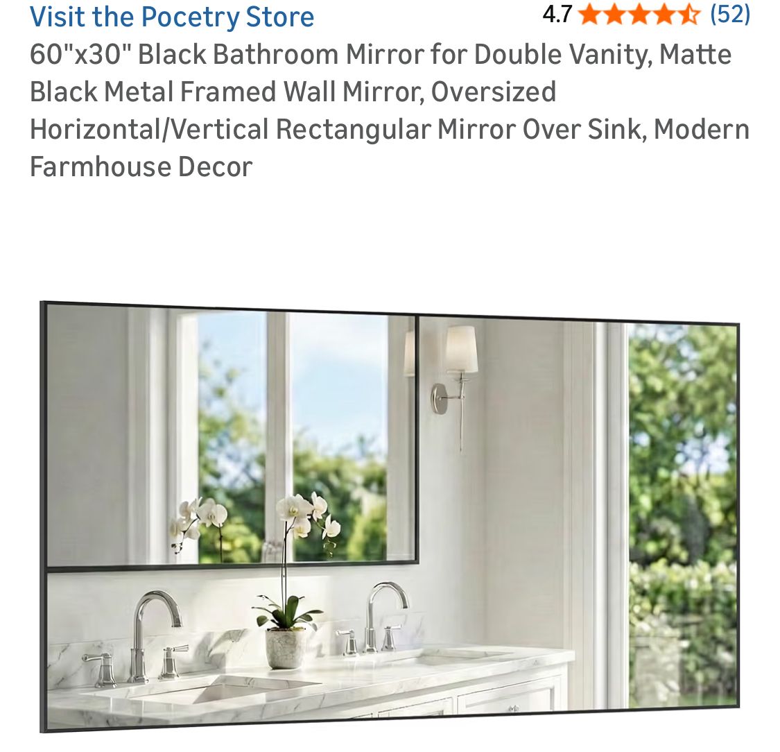 60"x30" Black Bathroom Mirror for Double Vanity