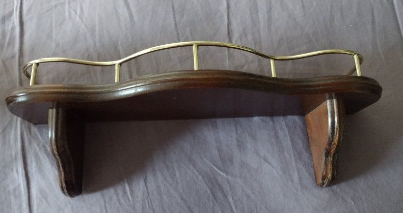 Vintage Wooden Wall Shelf with Brass Railing - Decorative Accent Piece