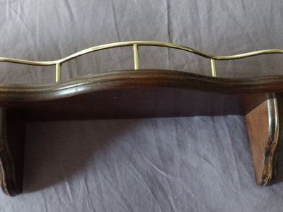 Vintage Wooden Wall Shelf with Brass Railing - Decorative Accent Piece