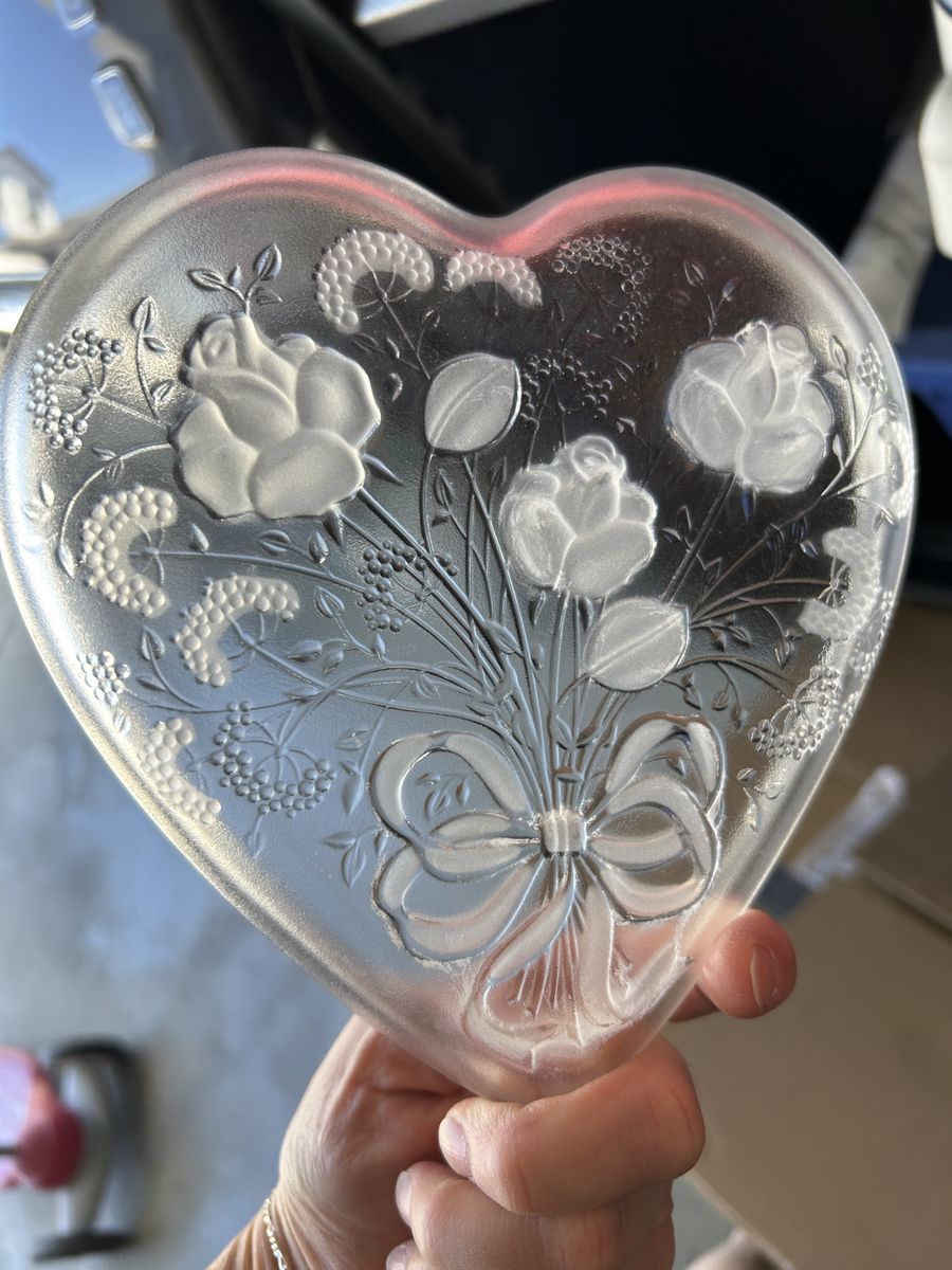 Vintage Frosted Glass Heart Shaped Candy Dish/Trinket Dish - Floral Bouquet Design