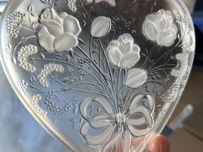 Vintage Frosted Glass Heart Shaped Candy Dish/Trinket Dish - Floral Bouquet Design