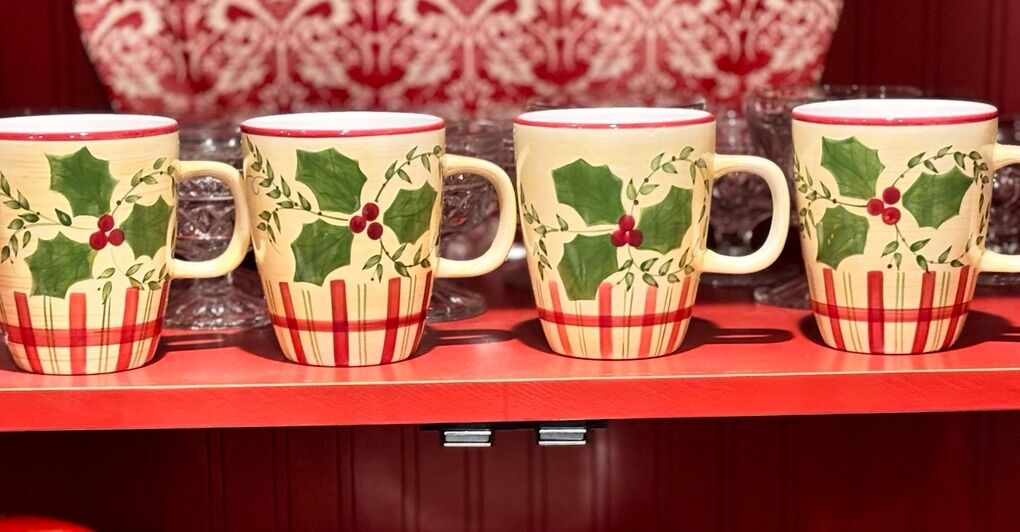 Laurie Gates Holly Berry Holiday Christmas Mugs