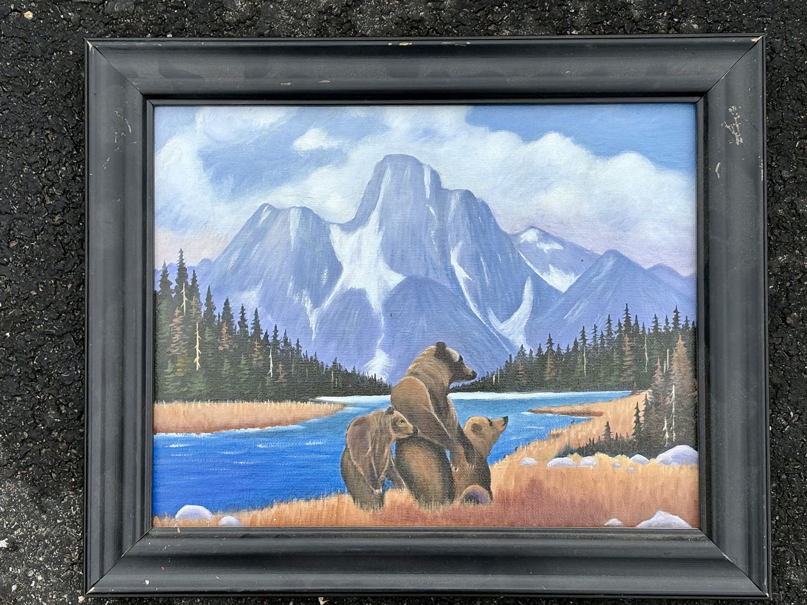Hand painted, framed bear oil paintings. Perfect for Bear Lake cabin or home decor mountains mama bear w cubs