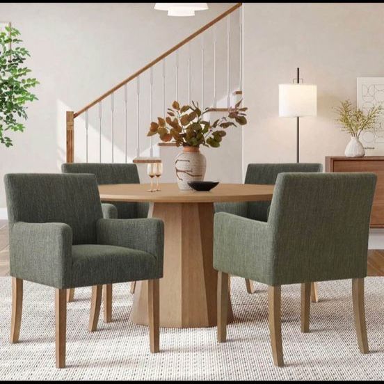 Modern Olive Green Linen Dining Armchairs – Set of 4 – Brand New