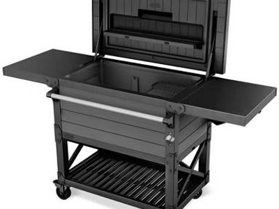 Keter Outdoor Patio Cooler Chest, 89.8 Qt Beverage Bar Cart w/ Wheels, Graphite