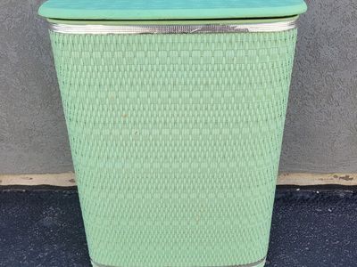 Vintage Mint Green Wicker Look Hamper Storage Bin
