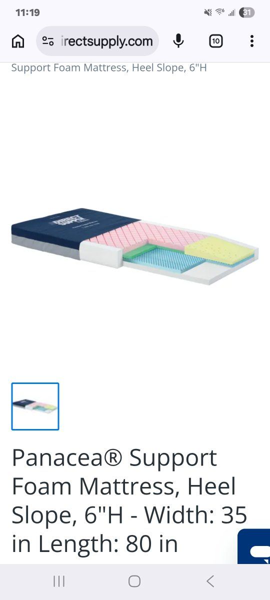Direct Supply Panacea Support Foam Mattress, Heel Slope, 6"H x 35"W x 80"L, Fluid Resistant, FDA Listed