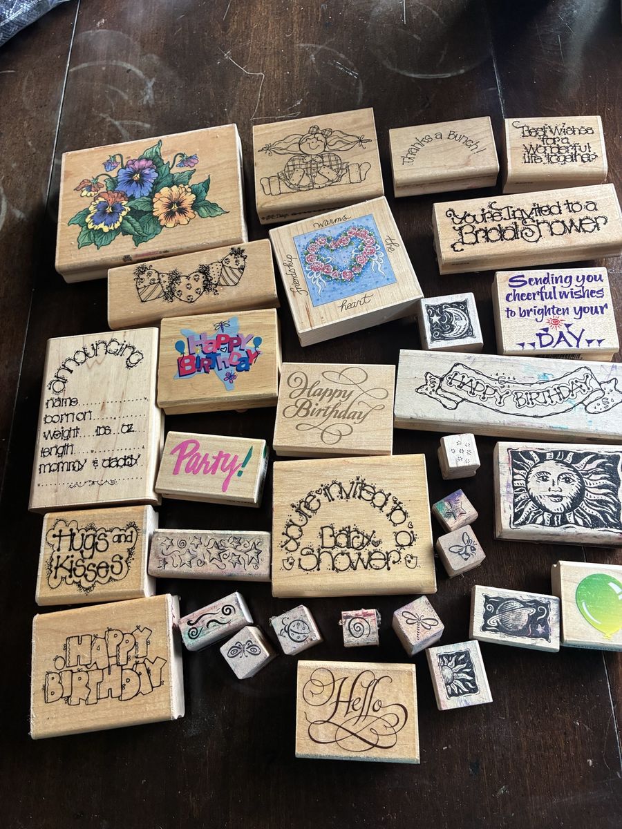  Over 30 stamps, Wood Mounted Rubber Stamp Lot Holiday, Birthday, Baby/Bridal Shower) Crafting, Card Making, Scrapbooking