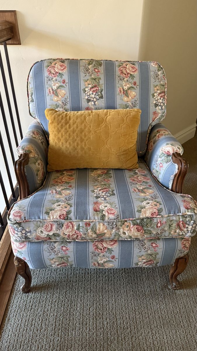 Floral Print Armchair Blue Striped Fabric Accent Chair with Carved Wood Details