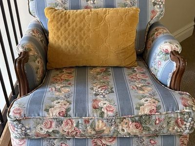 Floral Print Armchair Blue Striped Fabric Accent Chair with Carved Wood Details