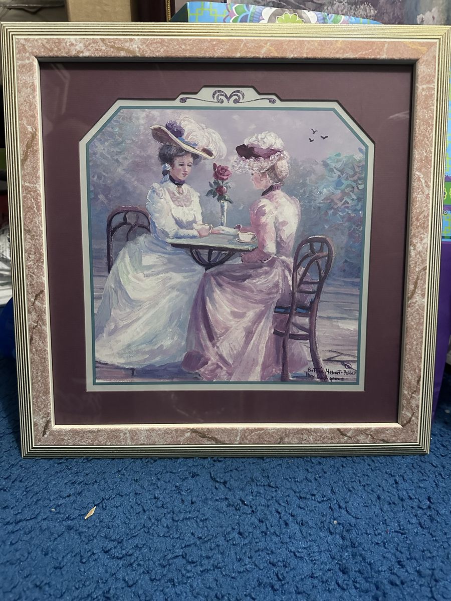 Vintage Betty Hebert Reed "Tea for Two" Framed Print 18x17.5" Edwardian Women Art