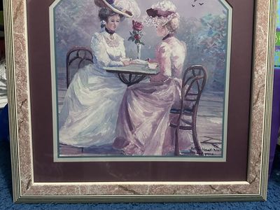 Vintage Betty Hebert Reed "Tea for Two" Framed Print 18x17.5" Edwardian Women Art