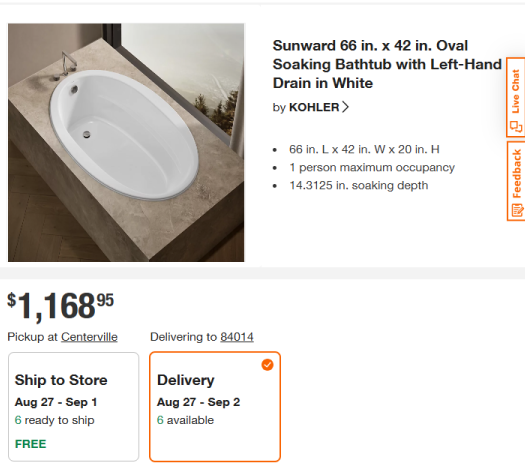 New KOHLER Sunward 42.0-Inches x 66.0-Inches White Acrylic Oval Drop-in Soaking Bathtub (Reversible Drain)