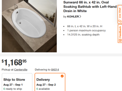 New KOHLER Sunward 42.0-Inches x 66.0-Inches White Acrylic Oval Drop-in Soaking Bathtub (Reversible Drain)