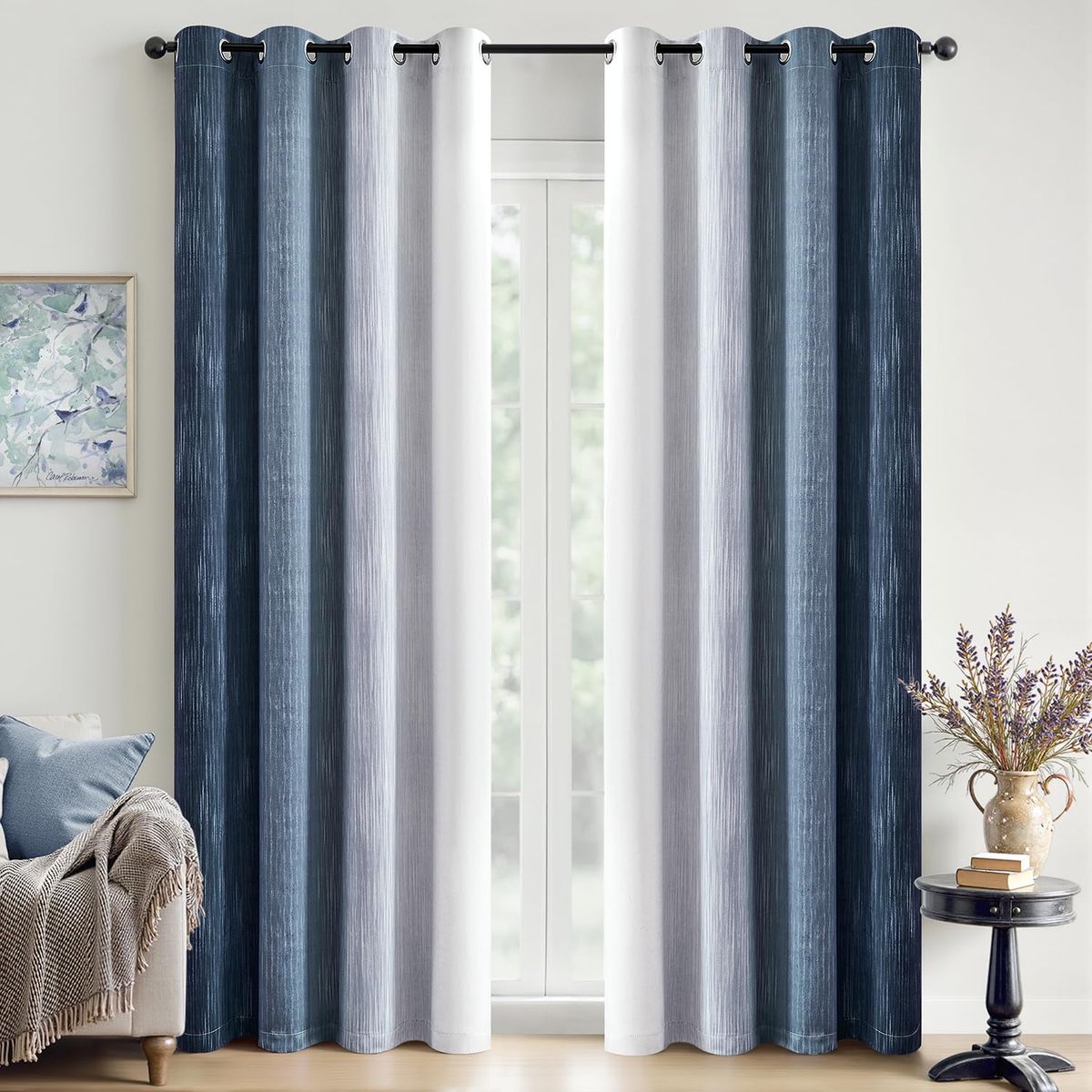 Ombre 100% Blackout Curtains, Navy Blue and Greyish White Full Room Darkening Thermal Insulated 96 Inches Long Drapes 