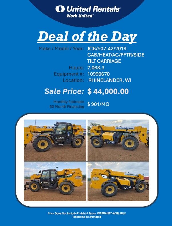 Fork lift reach JCB 507 7K reach 42ft Cab heat 2019 7068 hrs 44K in Rhinelander, WI