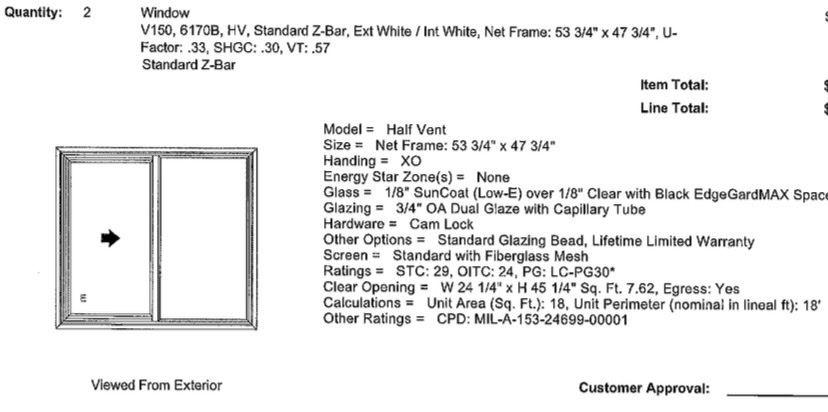 Pair of Milgard V150 White Vinyl Half-Vent Slider Windows (53.75" x 47.75")