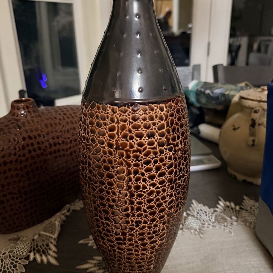 Tall Decorative Ceramic Vase Brown and Black Textured Two-Tone Design