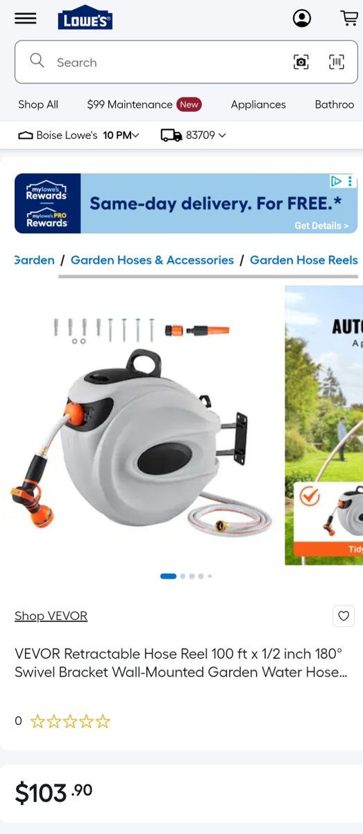 VEVOR Retractable Hose Reel 100 ft x 1/2 in 180° Swivel Wall-Mounted