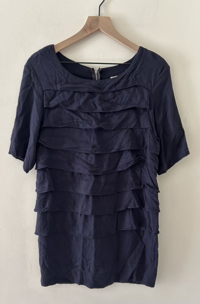 Sandro Navy Blue Horizontal Pleated Sheath Dress 1