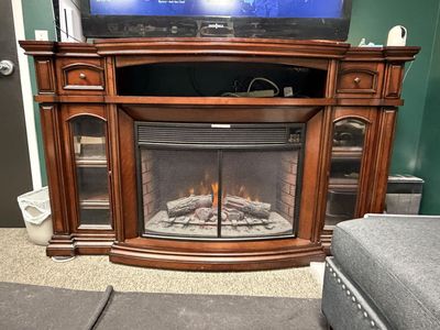 Wooden TV Stand Media Console with Built-In Electric Fireplace and Glass Storage