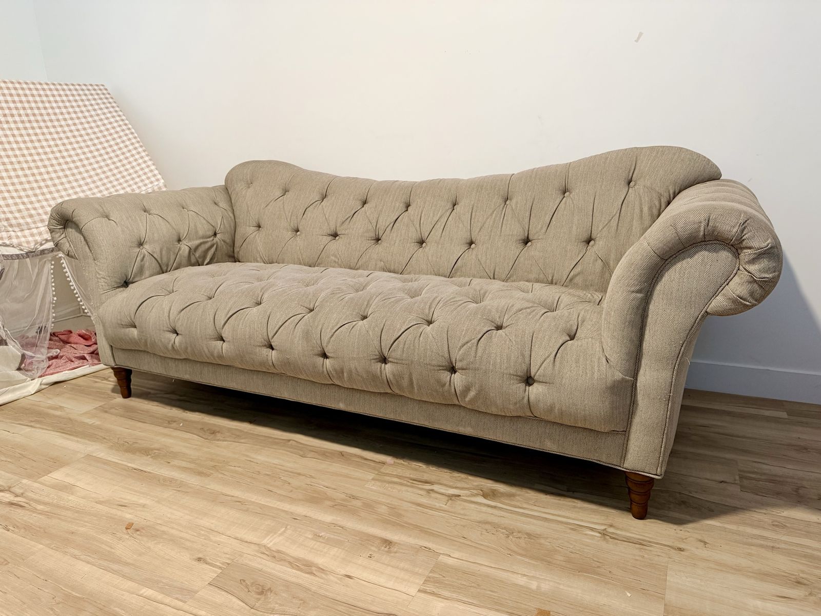 Gorgeous Tufted Fabric Sofa in Beige with Rolled Arms and Wood Legs