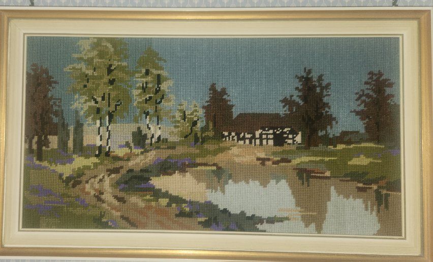 Vintage Framed Needlepoint Landscape Cross Stitch Wall Art