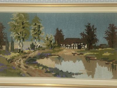 Vintage Framed Needlepoint Landscape Cross Stitch Wall Art
