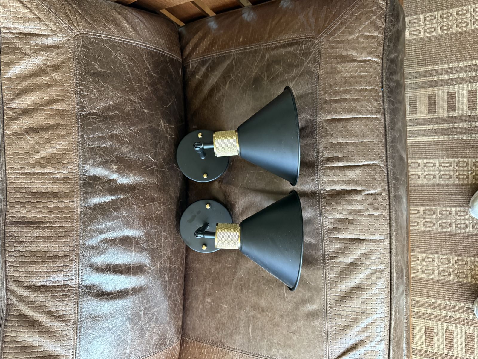 Pair of Black & Brass Modern Wall Sconces - Industrial Style Adjustable Light Fixtures