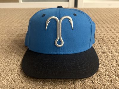 New Era Hook Hat Blue Black Fitted Cap Fishing Embroidered Logo Size 7 3/8