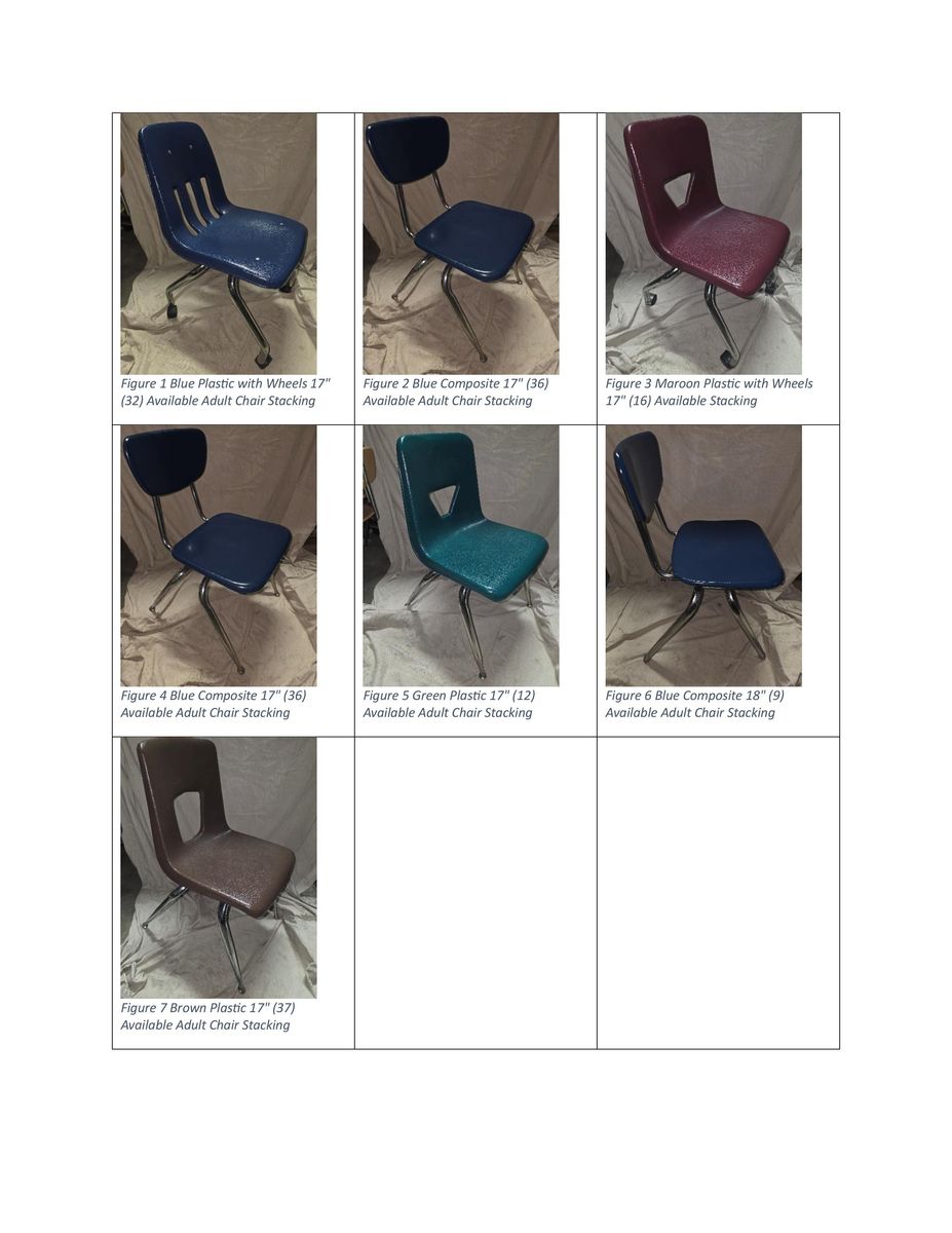 Kids and Adult Chairs Stacking Multiple Colors and Sizes Available $8-$9 Each