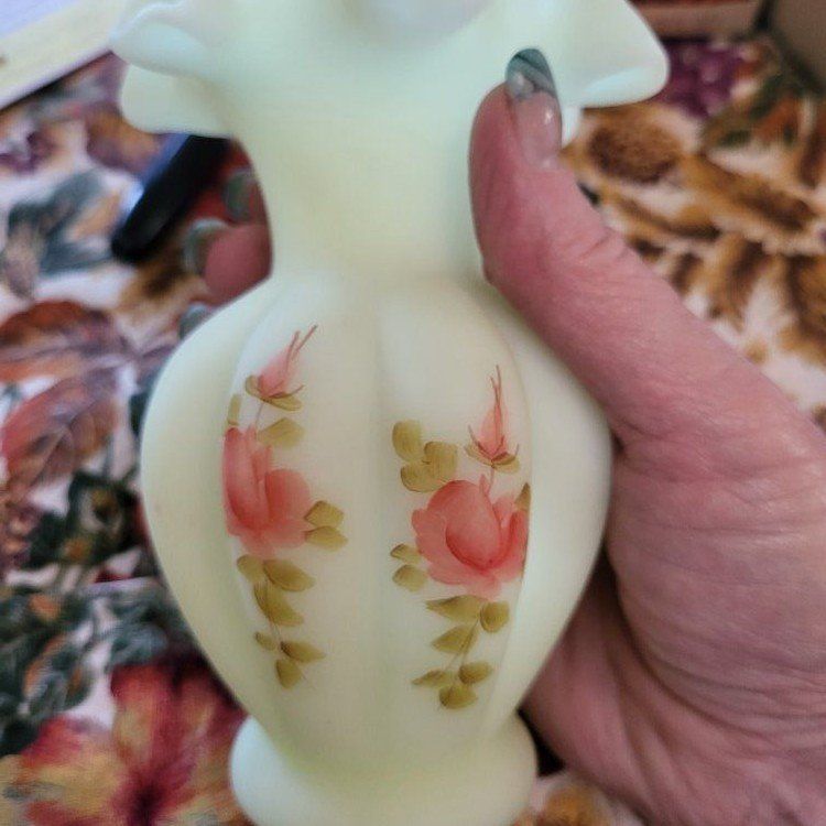 Uranium Vaseline Glass Vase Hand Painted S. Johnso