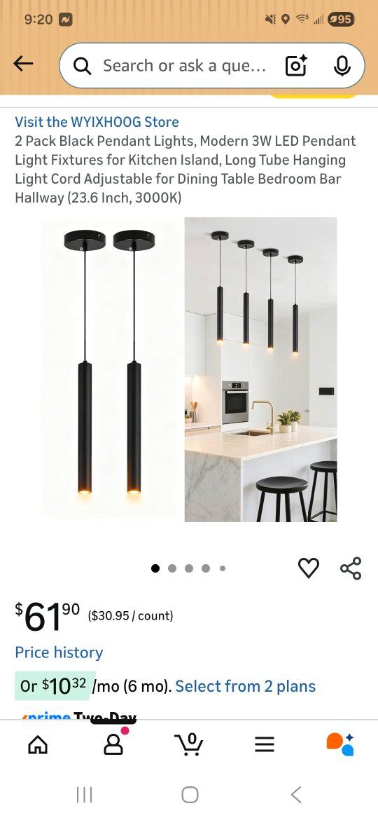 2 Pack Black Pendant Lights, Modern 3W LED Pendant