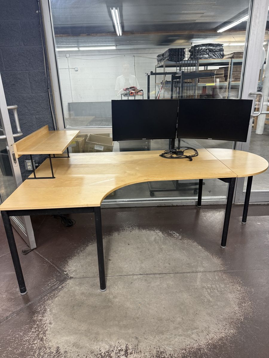 Wooden Corner L-Shaped Office Desk with Metal Legs & Raised Shelf with monitors