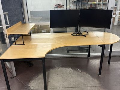 Wooden Corner L-Shaped Office Desk with Metal Legs & Raised Shelf with monitors